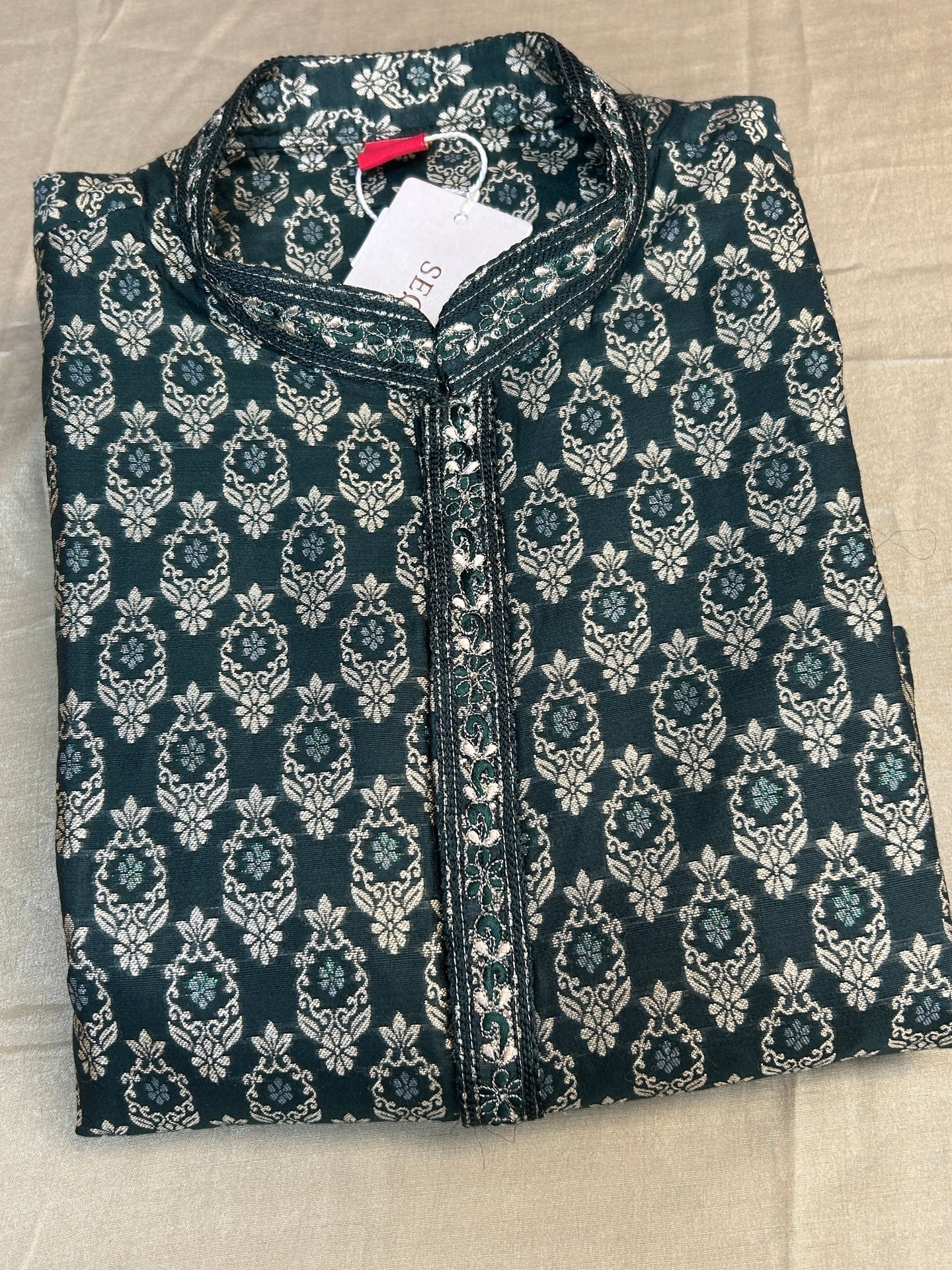 Dark green brocade kurta pajama