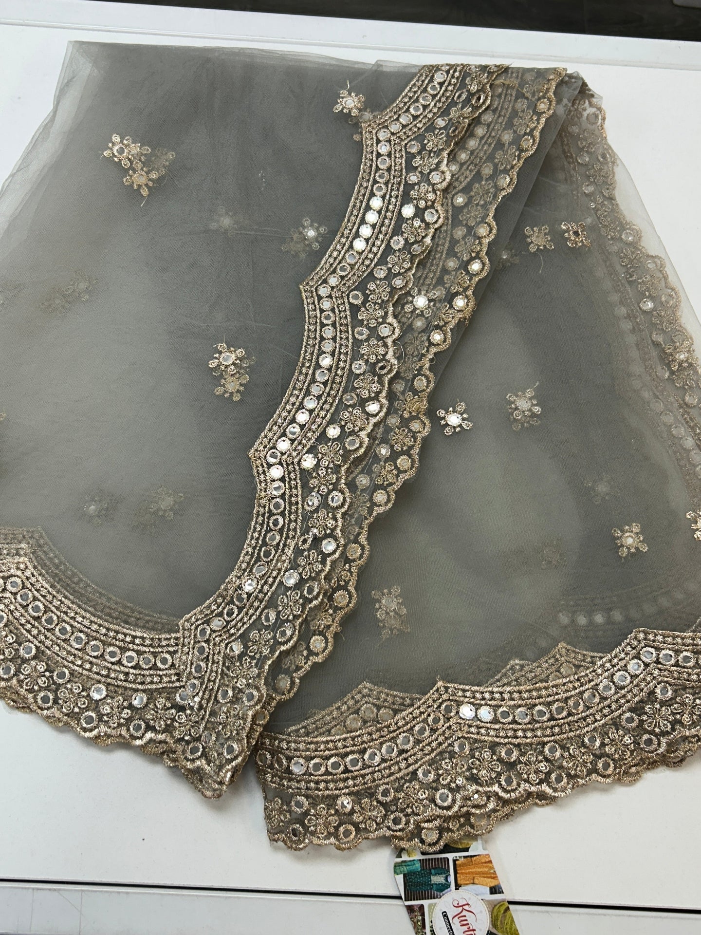 Grey mirror work duppata