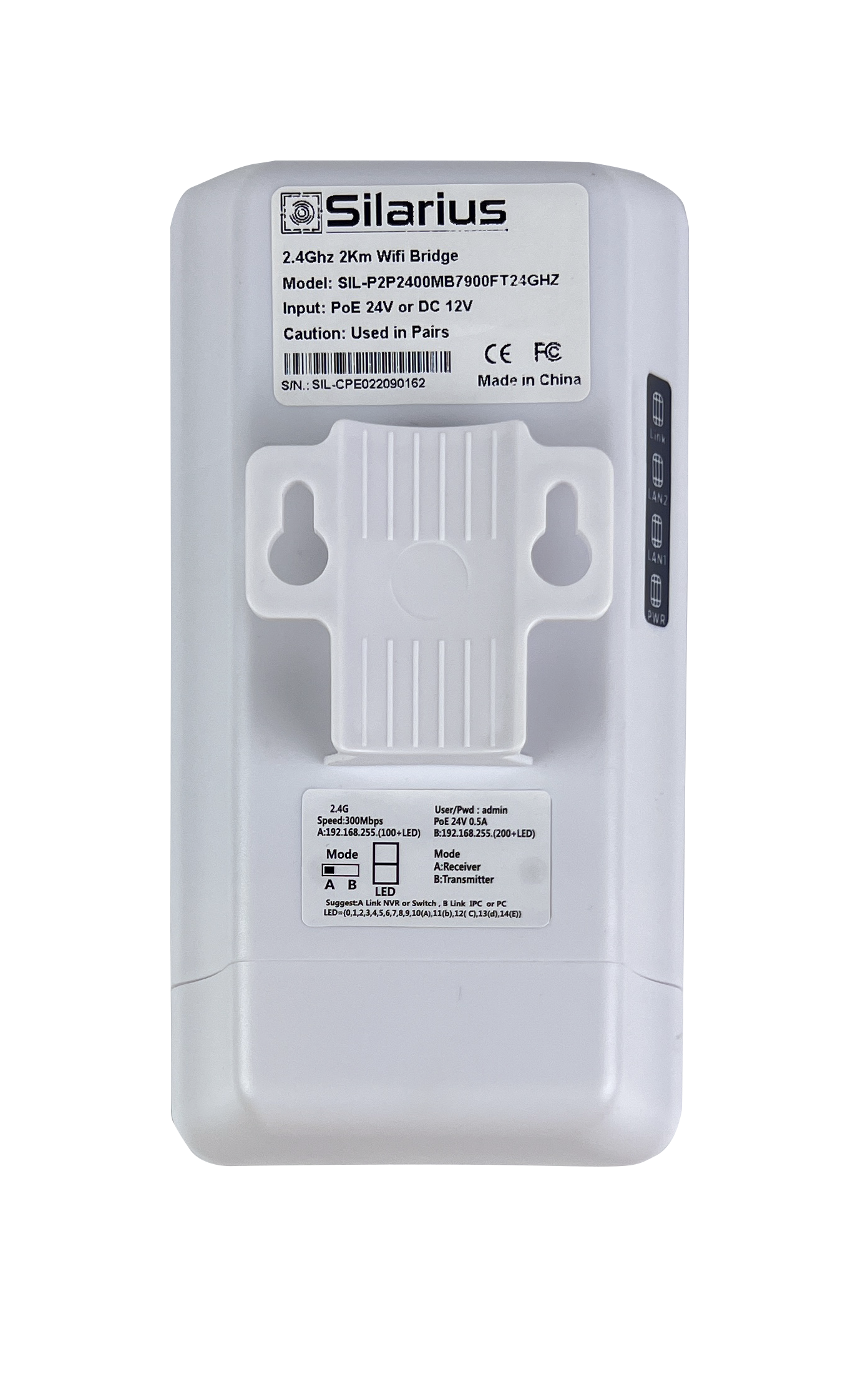 Silarius SIL-P2P2400MB7900FT24GHZ Outdoor CPE P2P 2.4GHz 300Mbps - Pair (Up to 1Km/3280ft)