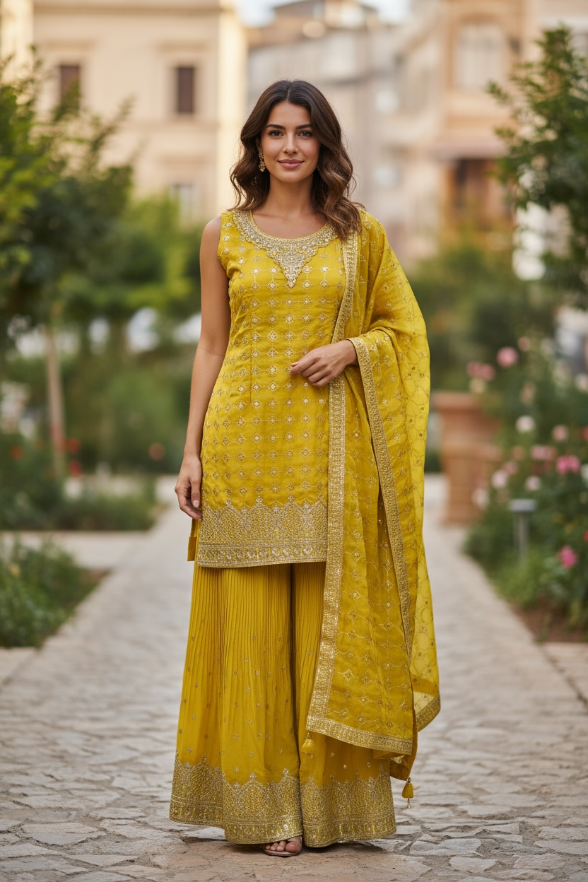 Yellow chiffon sharara suit