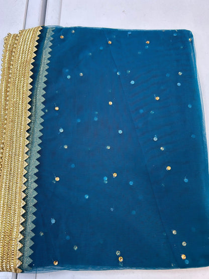 Blue net duppata with heavy lace