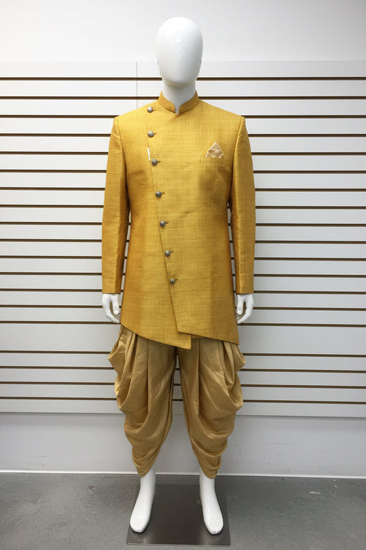 Yellow sherwani with gold dhoti pant
