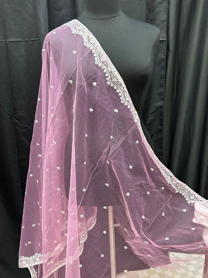 Light pink net dupatta with silver sequin border