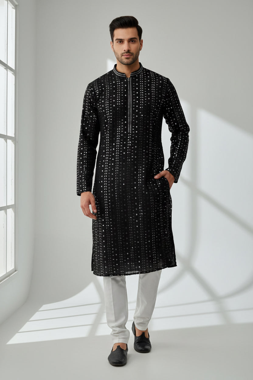 Black mirror work kurta pajama for men