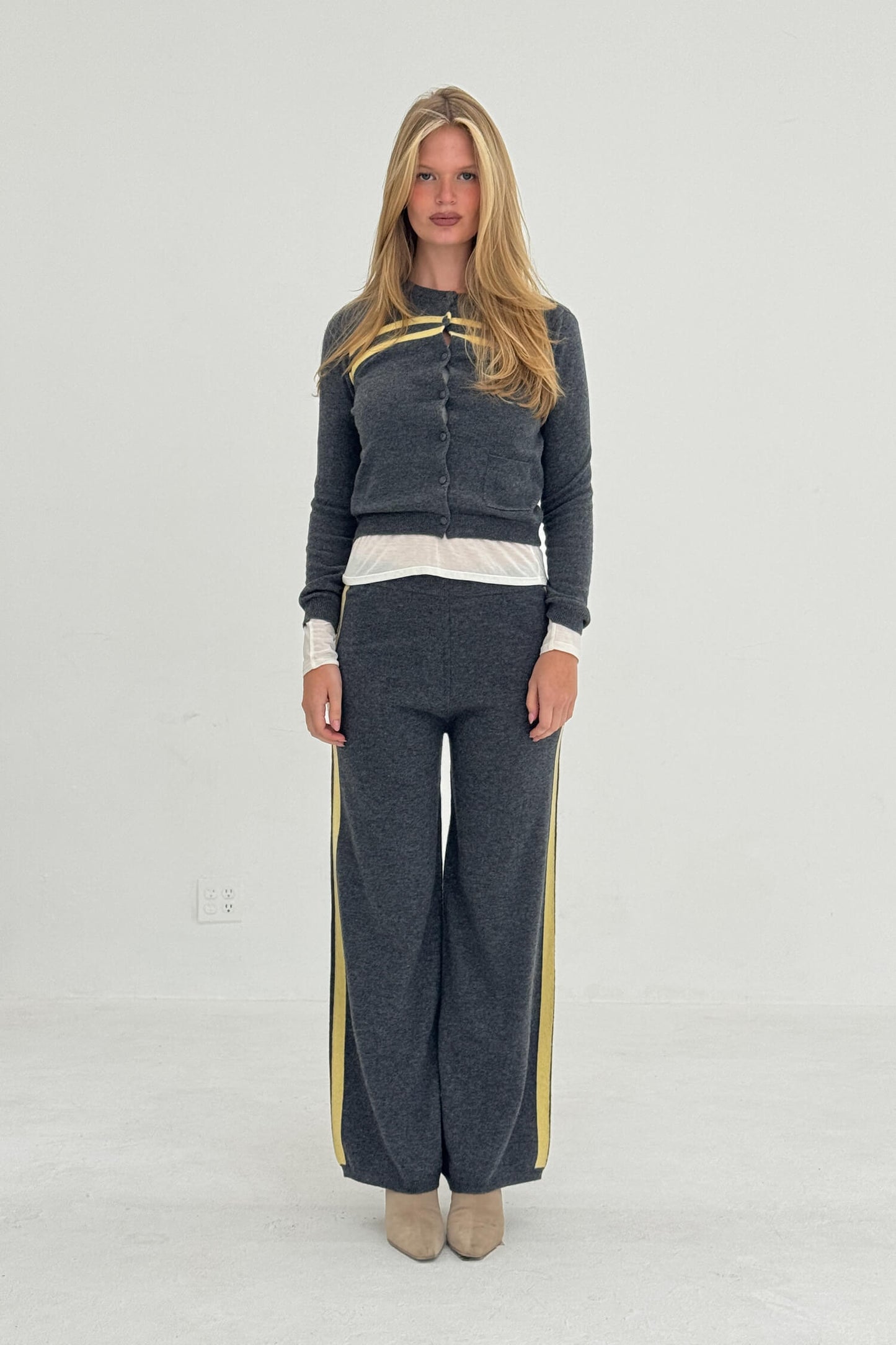 Cashmere Wool Stripe Cardigan in Charcoal/Butter