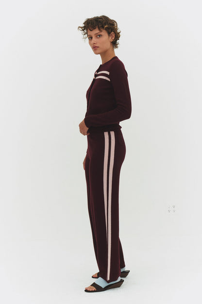 CASHMERE WOOL STRIPE CARDIGAN IN RASPBERRY CREAM