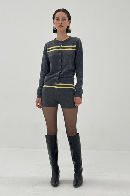 Cashmere Wool Stripe Cardigan in Charcoal/Butter