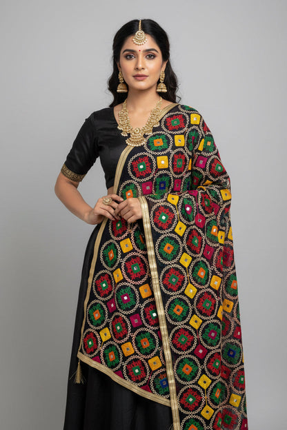 Navy blue dupatta with phulkari work