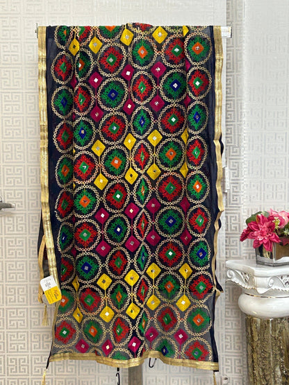 Navy blue dupatta with phulkari work