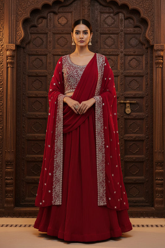 Dark pink lehenga Choli set with jacket and pre stitched dupatta