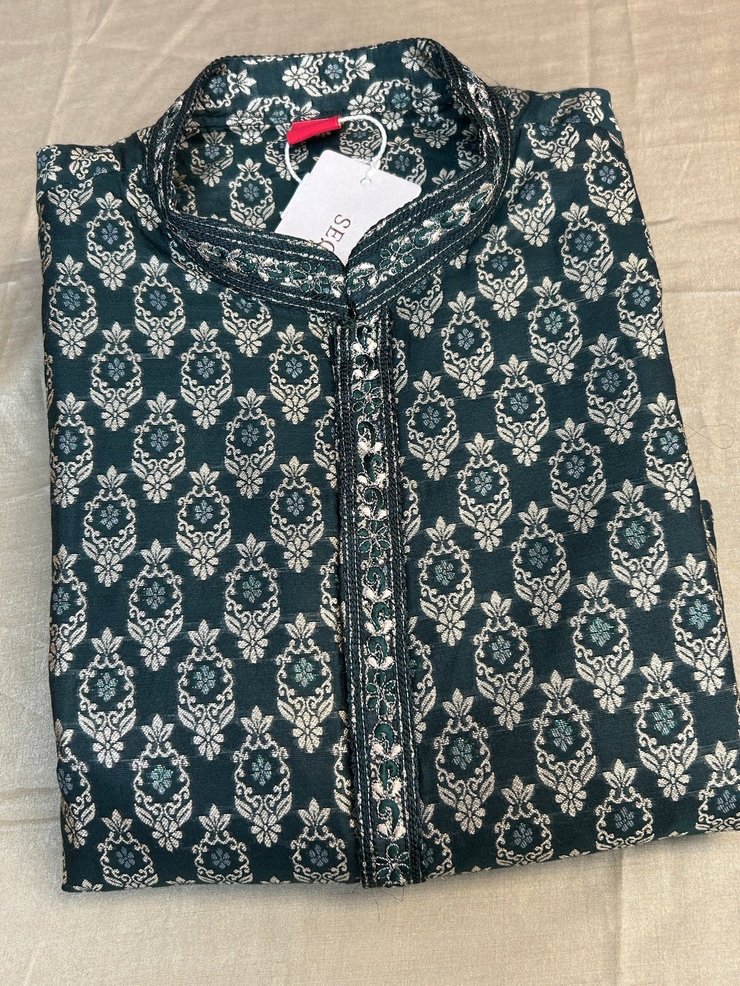 Dark green brocade kurta pajama
