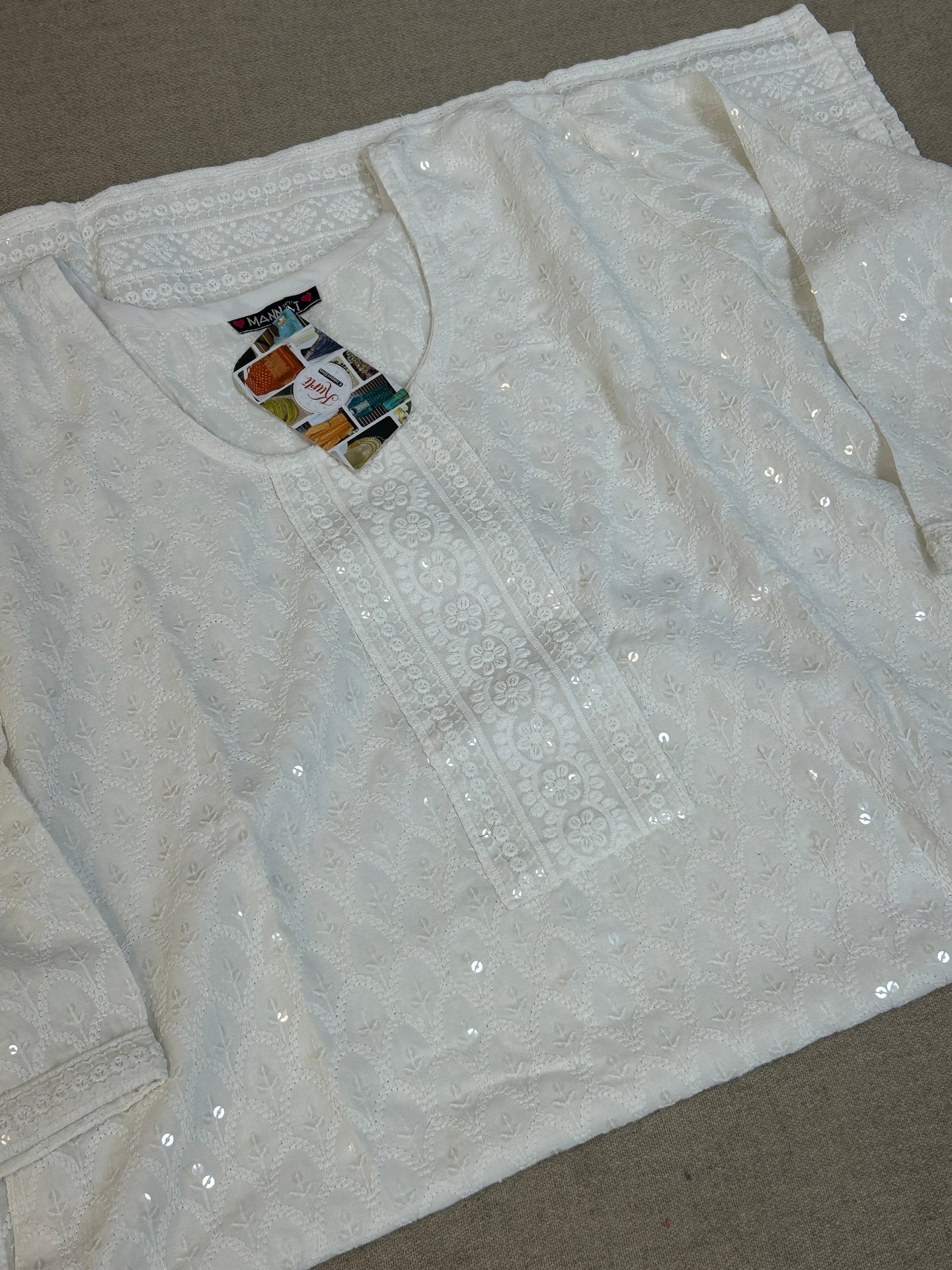 White chikankari kurti with light sequin work