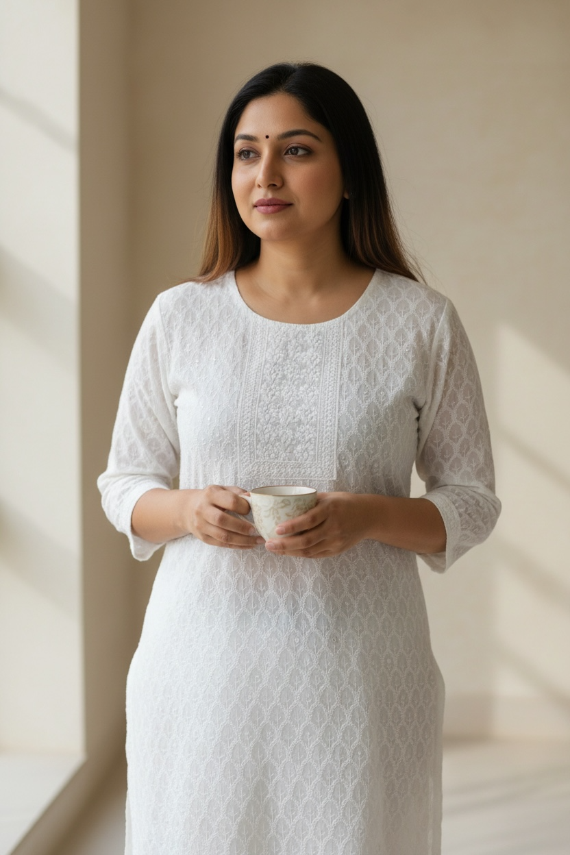 White chikankari kurti with light sequin work