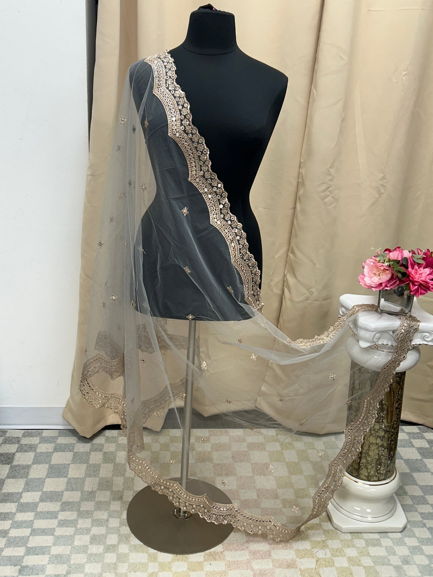 Grey mirror work duppata
