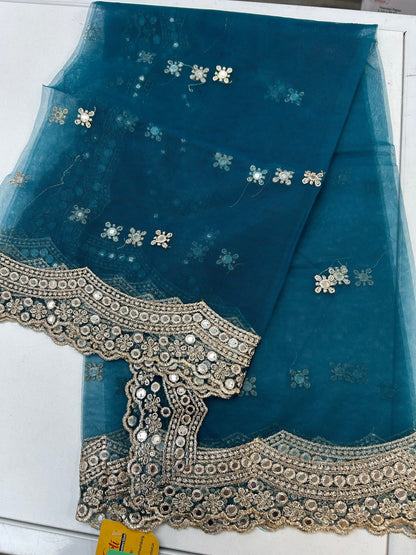 Teal blue mirror work duppata