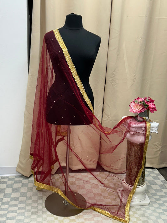 Maroon net duppata heavy lace