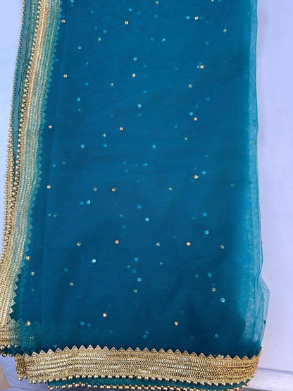 Teal blue net duppata heavy lace