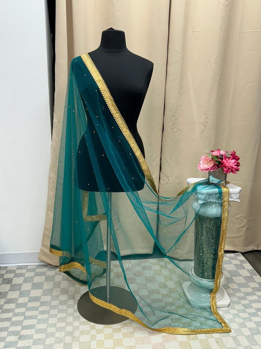 Teal blue net duppata heavy lace