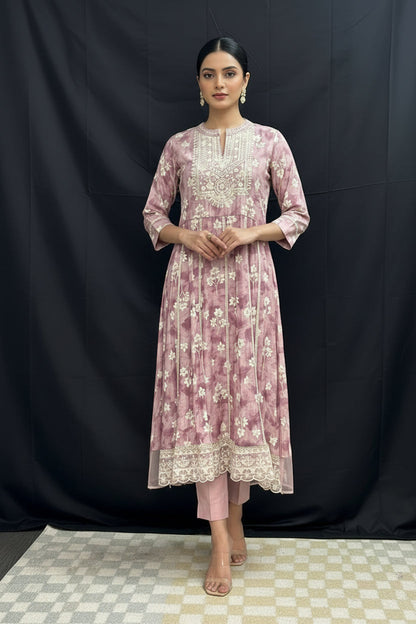 Linen silk kurti set : Anarkali Kurti pant set