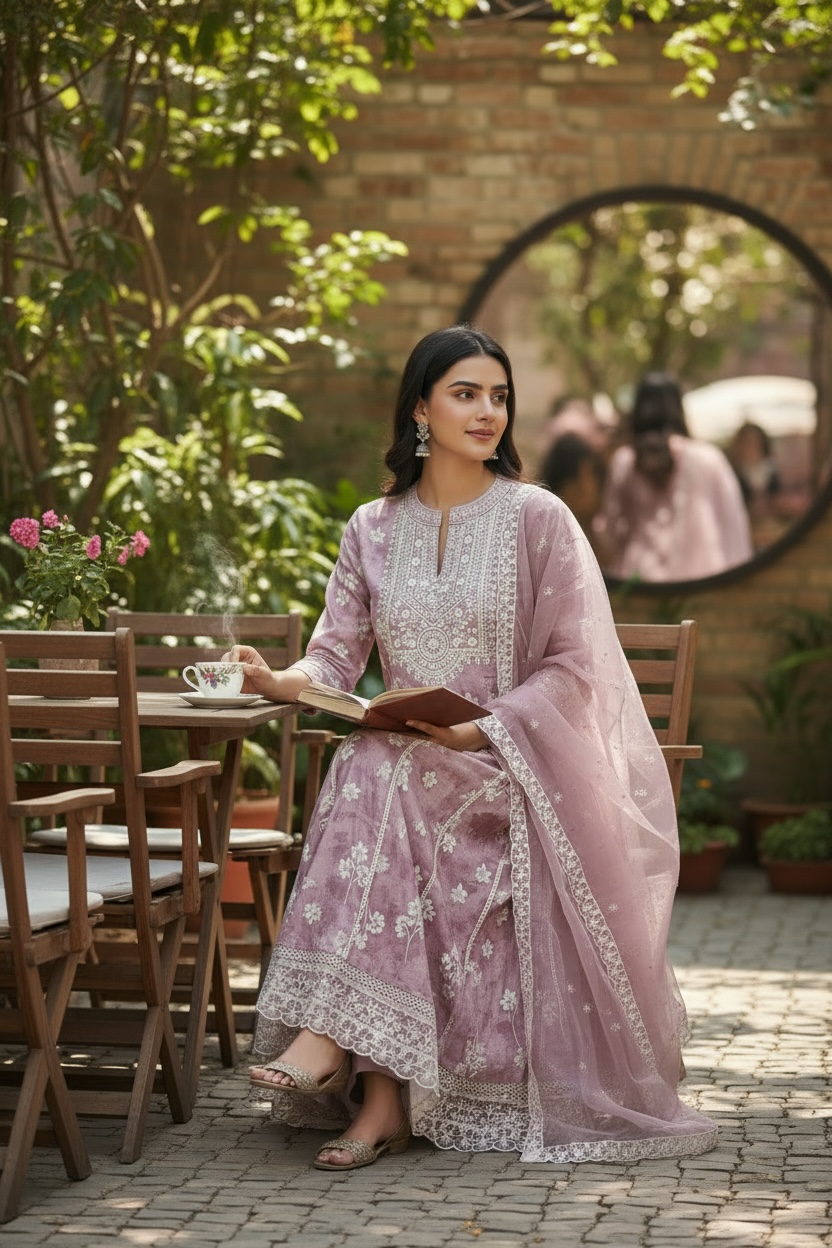 Linen silk kurti set : Anarkali Kurti pant set