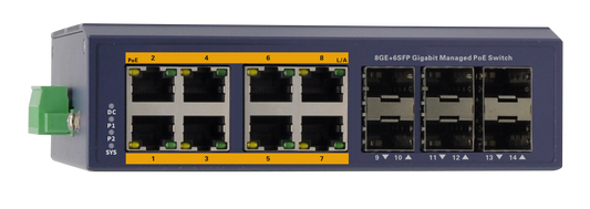 Silarius SIL-INDSW8P1G6SFP 14 Ports Gigabit managed industrial PoE switch - 8 Gigabit RJ45 ports and 6 Gigabit SFP slots