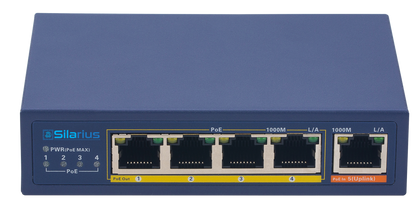 Silarius SIL-SWPP4P65 PoE Powered 5-Port Gigabit Switch with PoE Passthrough, 65W Power Budget for Powering up to 4 PoE Network Devices via Cat5e/Cat6 RJ45 Network Cables - 30W per output port