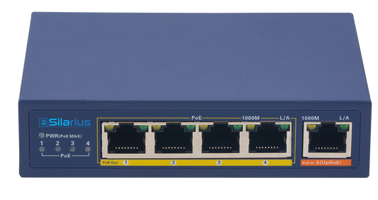 Silarius SIL-SWPP4P65 PoE Powered 5-Port Gigabit Switch with PoE Passthrough, 65W Power Budget for Powering up to 4 PoE Network Devices via Cat5e/Cat6 RJ45 Network Cables - 30W per output port