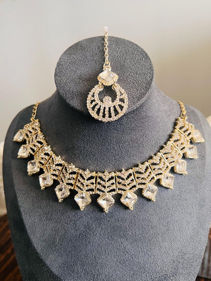 Kundan Necklace Set Gold Plated | Indian Bridal Polki Jewelry | Wedding Necklace Earrings & Maang Tikka | Ethnic Festive Jewelry