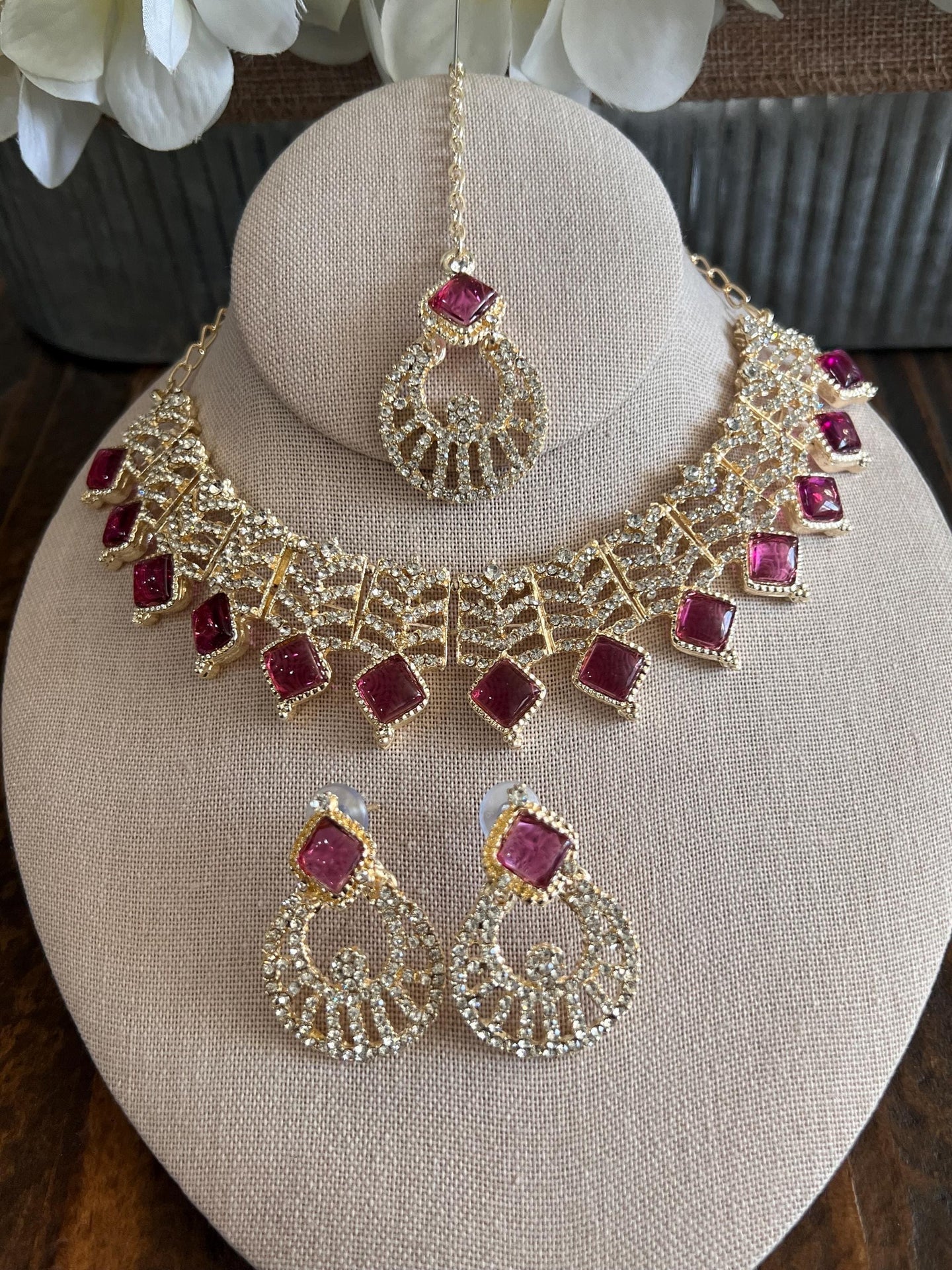 Kundan Necklace Set Gold Plated | Indian Bridal Polki Jewelry | Wedding Necklace Earrings & Maang Tikka | Ethnic Festive Jewelry