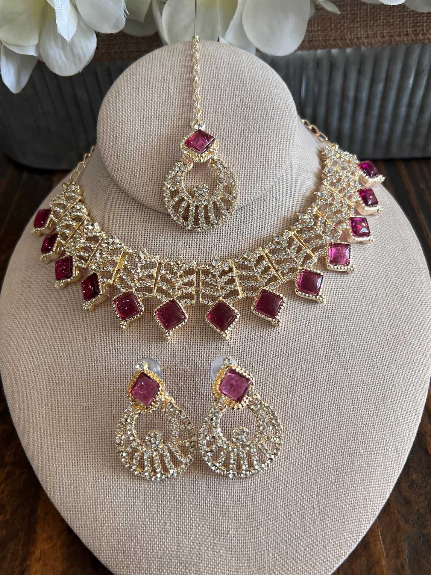 Kundan Necklace Set Gold Plated | Indian Bridal Polki Jewelry | Wedding Necklace Earrings & Maang Tikka | Ethnic Festive Jewelry