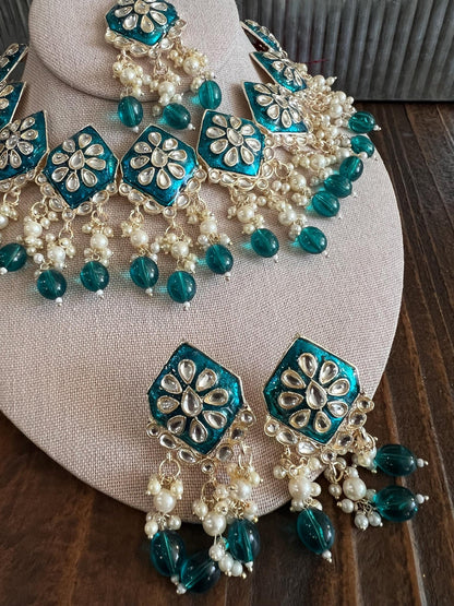 Kundan Necklace Set Gold Plated | Indian Bridal Polki Jewelry | Wedding Necklace Earrings & Maang Tikka | Ethnic Festive Jewelry