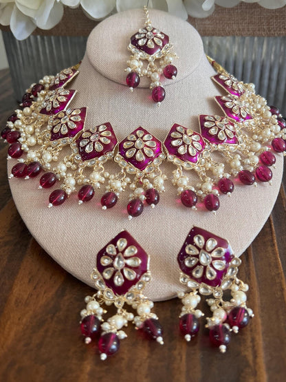 Kundan Necklace Set Gold Plated | Indian Bridal Polki Jewelry | Wedding Necklace Earrings & Maang Tikka | Ethnic Festive Jewelry