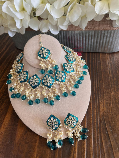 Kundan Necklace Set Gold Plated | Indian Bridal Polki Jewelry | Wedding Necklace Earrings & Maang Tikka | Ethnic Festive Jewelry