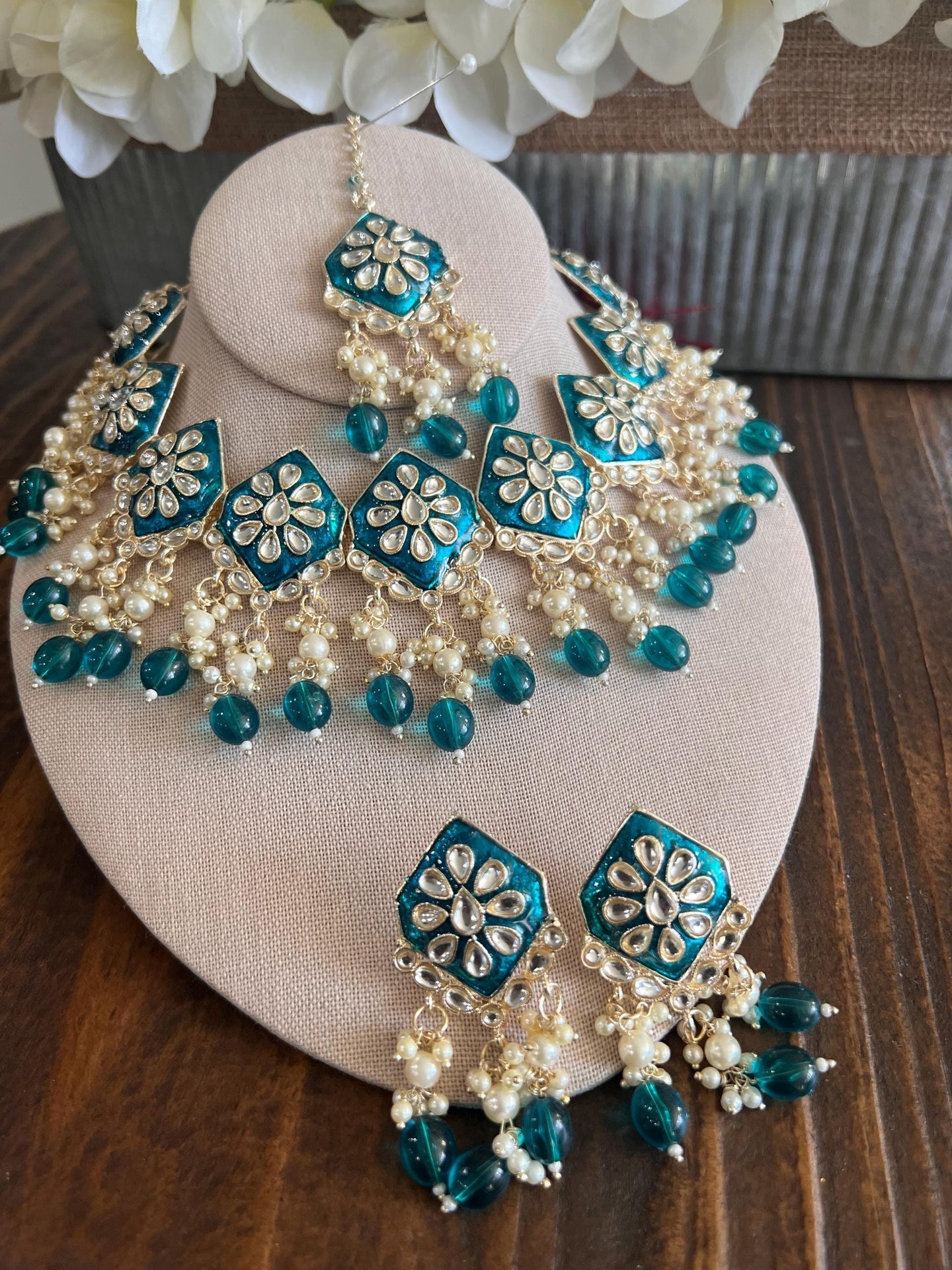 Kundan Necklace Set Gold Plated | Indian Bridal Polki Jewelry | Wedding Necklace Earrings & Maang Tikka | Ethnic Festive Jewelry