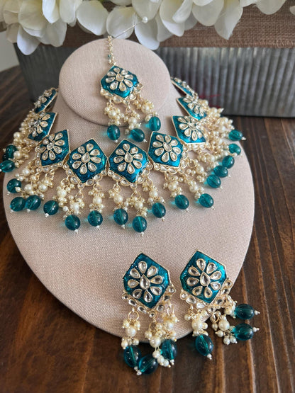 Kundan Necklace Set Gold Plated | Indian Bridal Polki Jewelry | Wedding Necklace Earrings & Maang Tikka | Ethnic Festive Jewelry