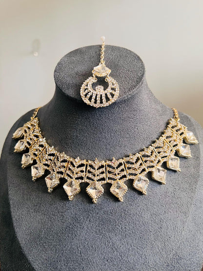 Kundan Necklace Set Gold Plated | Indian Bridal Polki Jewelry | Wedding Necklace Earrings & Maang Tikka | Ethnic Festive Jewelry