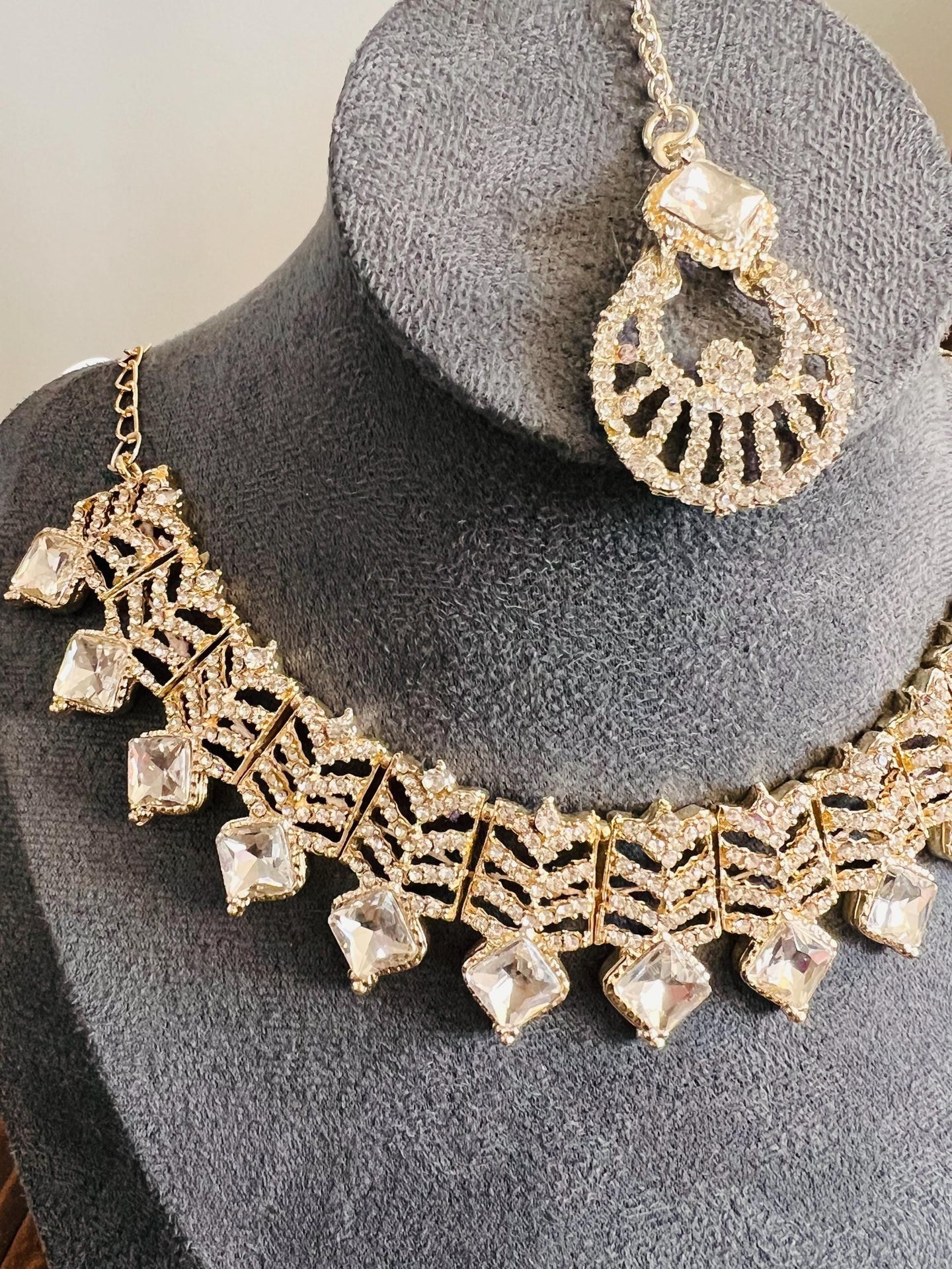 Kundan Necklace Set Gold Plated | Indian Bridal Polki Jewelry | Wedding Necklace Earrings & Maang Tikka | Ethnic Festive Jewelry