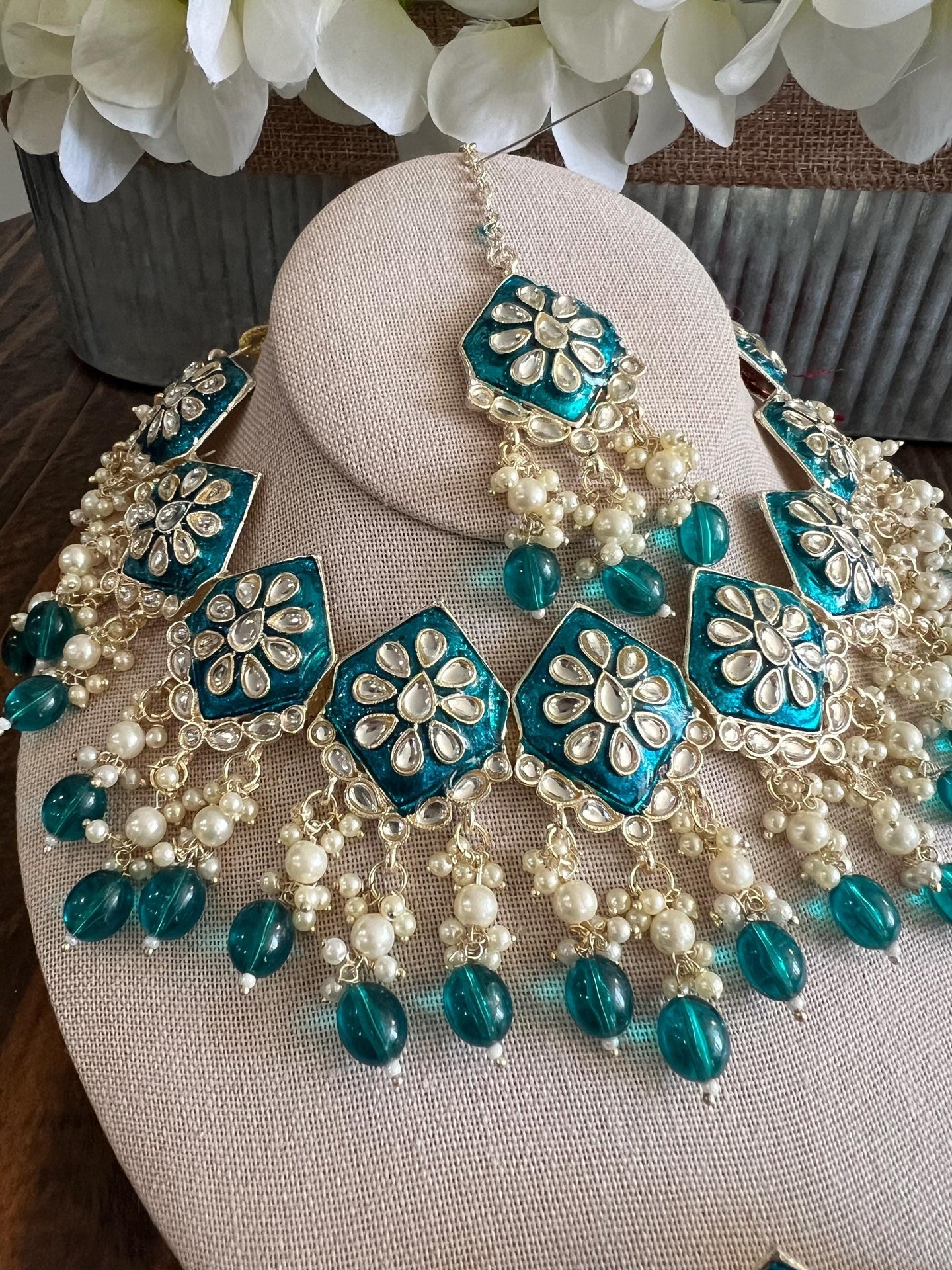 Kundan Necklace Set Gold Plated | Indian Bridal Polki Jewelry | Wedding Necklace Earrings & Maang Tikka | Ethnic Festive Jewelry