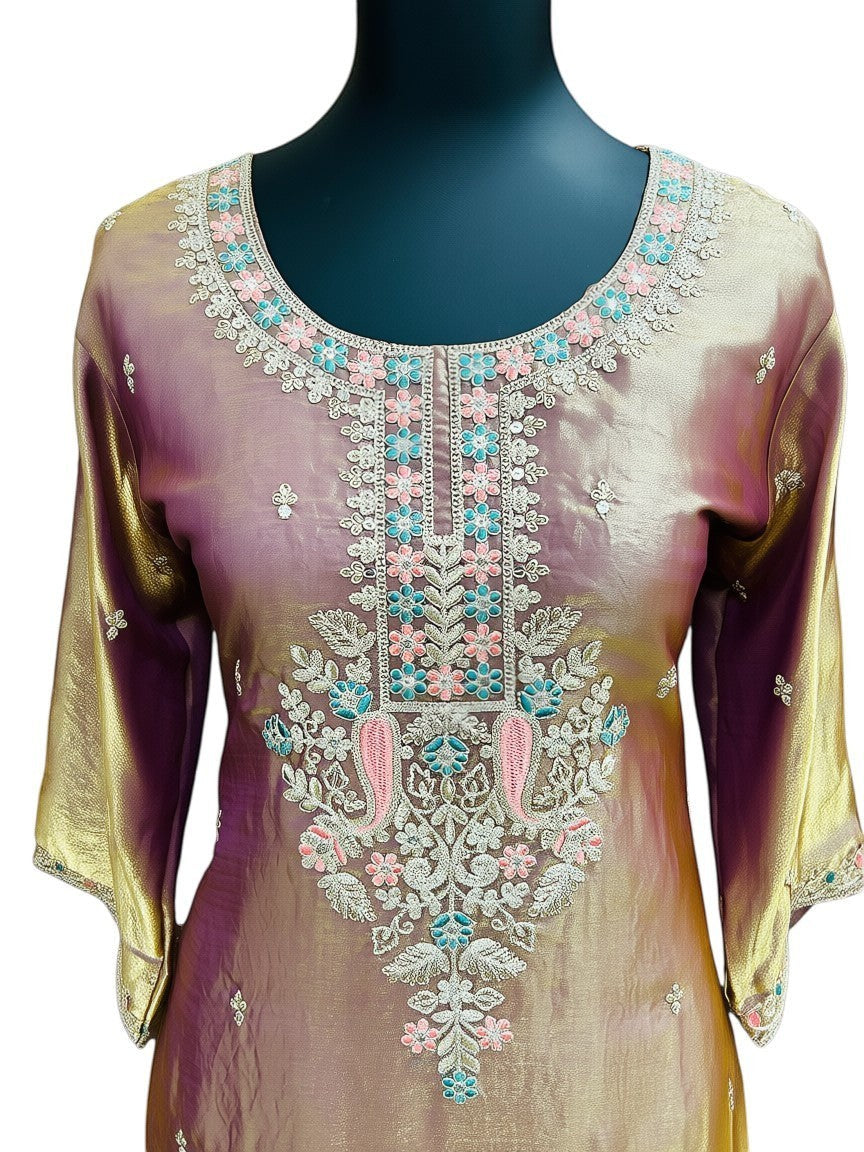 Embroidered Silk Kurti Pant Dupatta Set