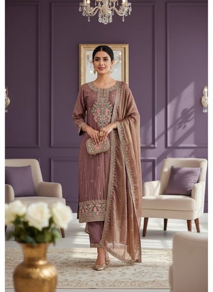 Embroidered Silk Kurti Pant Dupatta Set