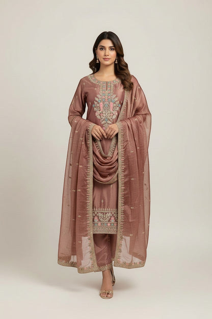 Embroidered Silk Kurti Pant Dupatta Set