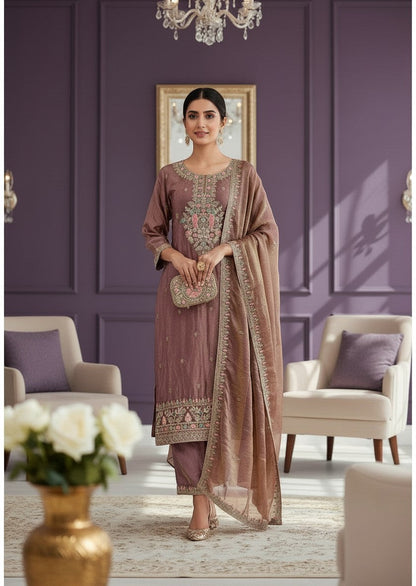 Embroidered Silk Kurti Pant Dupatta Set