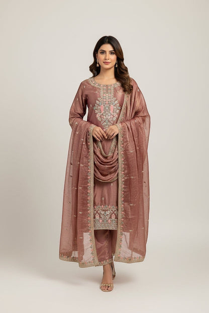 Embroidered Silk Kurti Pant Dupatta Set