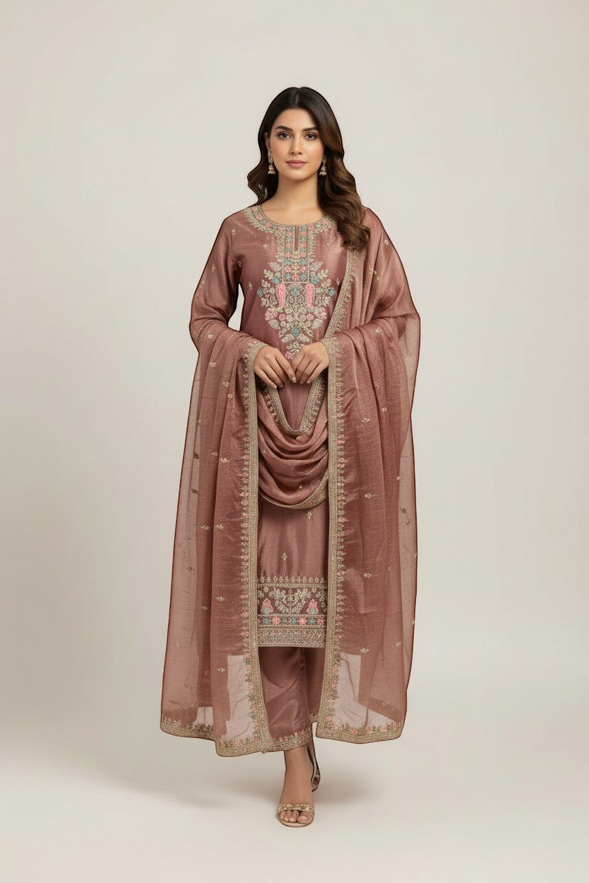 Embroidered Silk Kurti Pant Dupatta Set