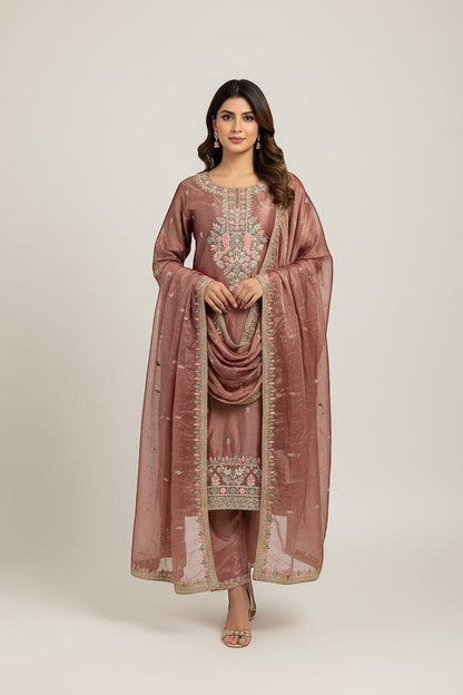 Embroidered Silk Kurti Pant Dupatta Set