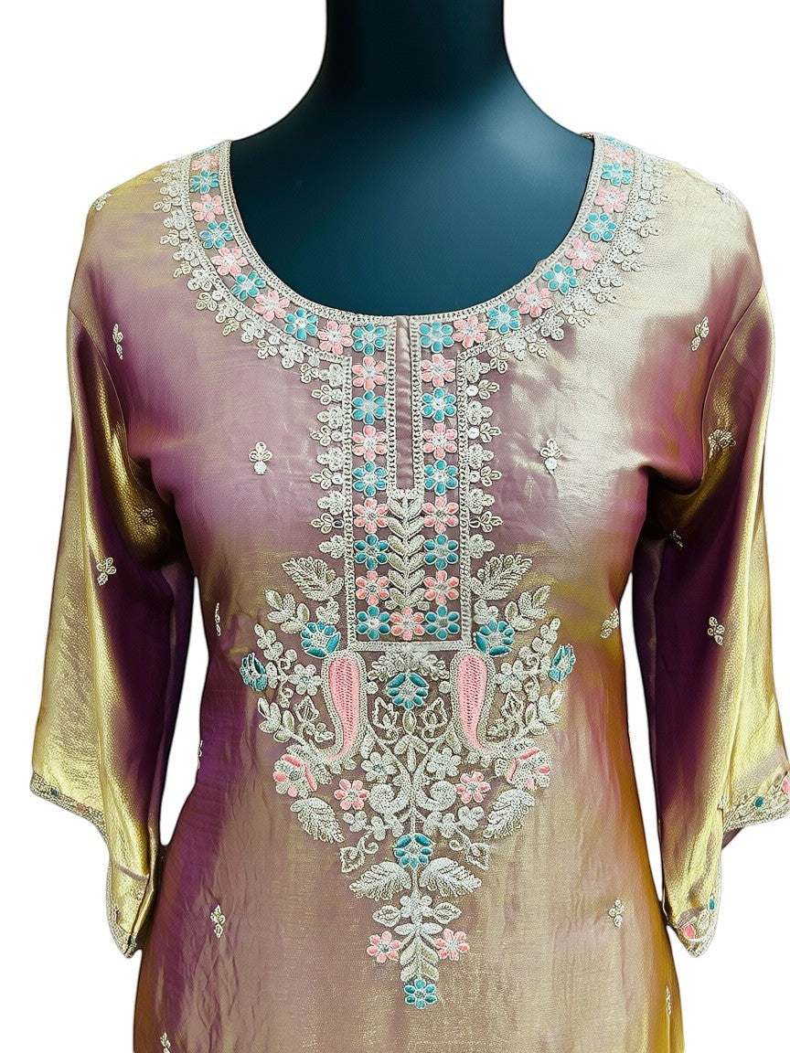 Embroidered Silk Kurti Pant Dupatta Set